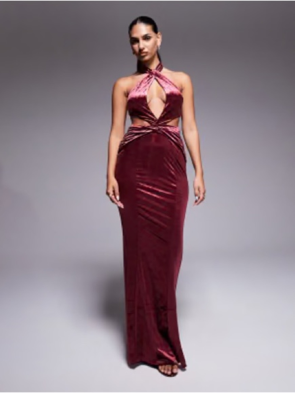 Oh Polly Adriana halter neck velvet maxi dress in wine